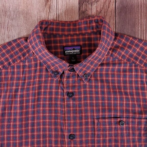 Patagonia Mens Large Vjosa River Red Blue Plaid Long Sleeve Button Down Shirt - Picture 7 of 15